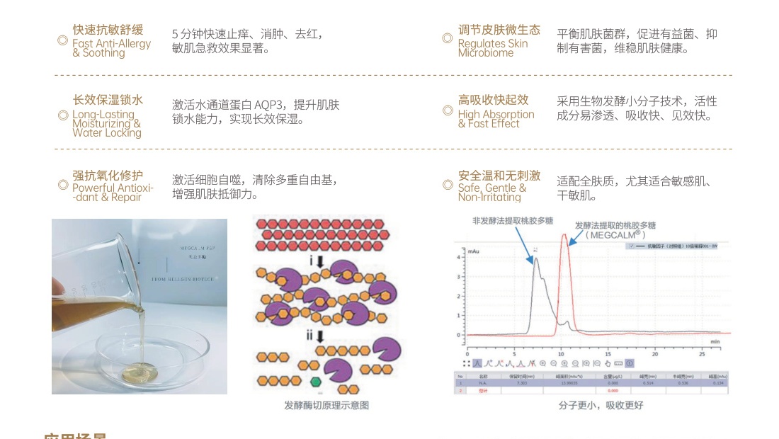 MEGCALM PSF peach gum ferment HPLC molecular weight profile and AQP3 activation data.