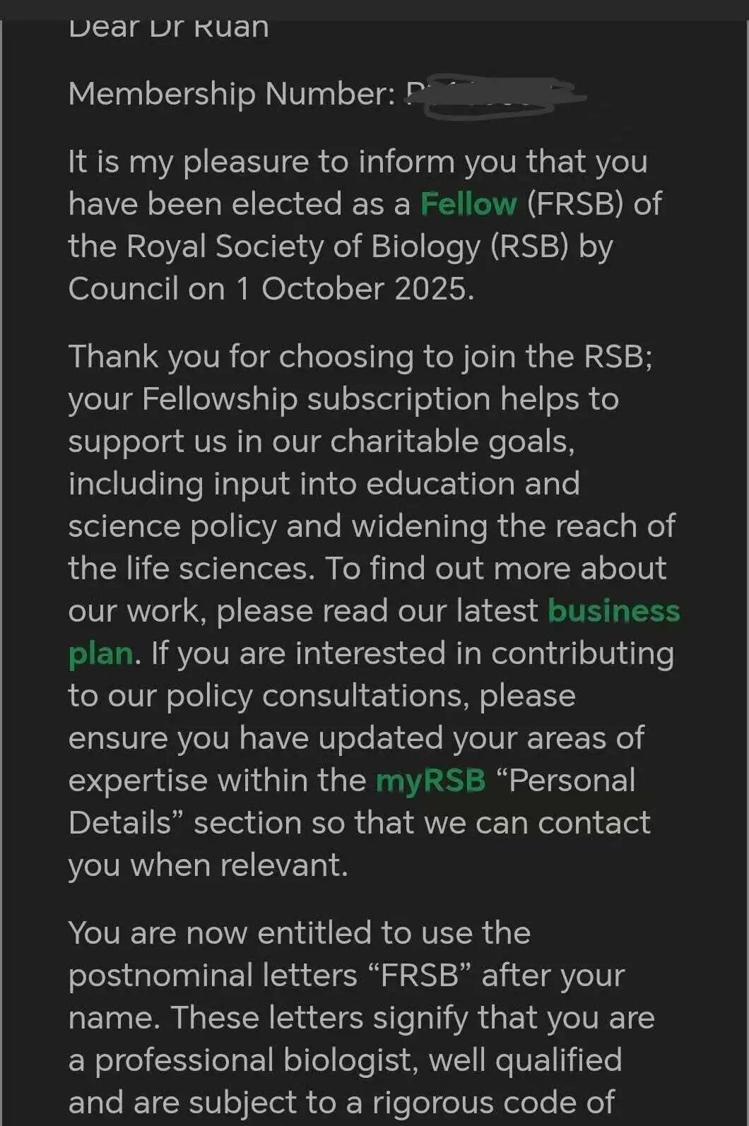 FRSB英国皇家生物学会院士认证